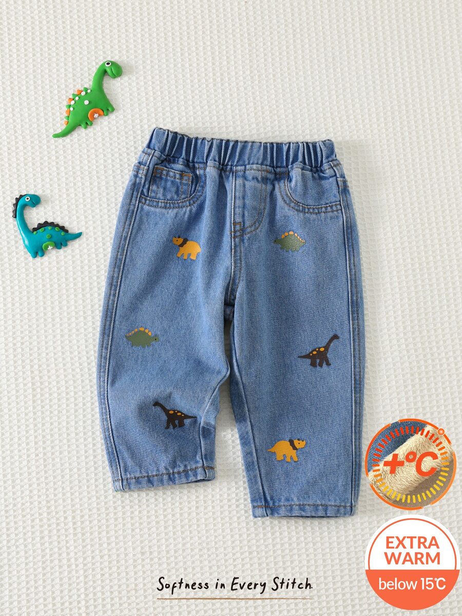 Cozy Pixies Celana Jeans Bayi Laki-laki Nyaman, Longgar, Cocok untuk Musim Dingin dan Gugur, Motif Kartun Dinosaurus Kecil, Pinggang Elastis - Biru - View 1