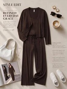 Comfylo Women Plus Size Casual Baggy Solid Color Ribbed Knit Camisole Cardigan Sweater Drawstring Pants Set Formal Lounge Brown Autumn Winter - Multicolor - View 1