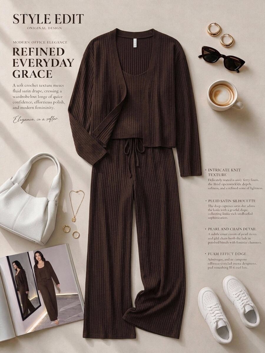 Comfylo Women Plus Size Casual Baggy Solid Color Ribbed Knit Camisole Cardigan Sweater Drawstring Pants Set Formal Lounge Brown Autumn Winter - Multicolor - View 1