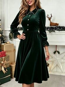 GlowEve CURVE Plus Size Women's Woven Printed Autumn Dress Fall Christmas - Dark Green - View 5