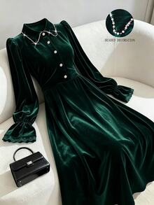 GlowEve CURVE Plus Size Women's Woven Printed Autumn Dress Fall Christmas - Dark Green - View 4
