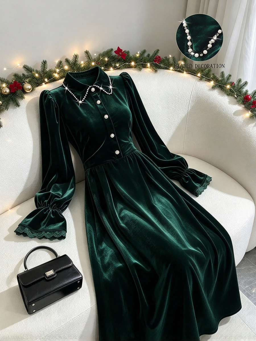 GlowEve CURVE Plus Size Women's Woven Printed Autumn Dress Fall Christmas - Dark Green - View 1