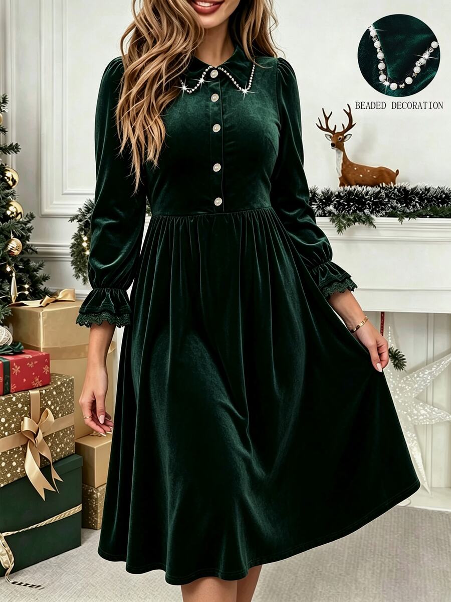 GlowEve CURVE Plus Size Women's Woven Printed Autumn Dress Fall Christmas - Dark Green - View 1