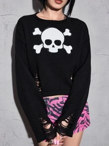ROMWE Dark Gothic Skull Embroidery Distressed Design Short Pullover Sweater - Black - View 2