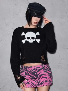 ROMWE Dark Gothic Skull Embroidery Distressed Design Short Pullover Sweater - Black - View 1