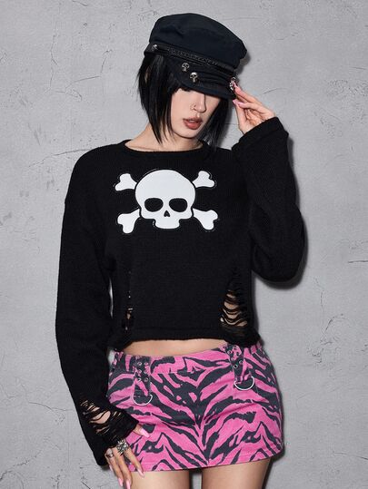 Dunkler Gothic-Schädel-Stickerei Distressed-Design Kurz-Pullover