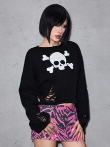 ROMWE Dark Gothic Skull Embroidery Distressed Design Short Pullover Sweater - Black - View 4