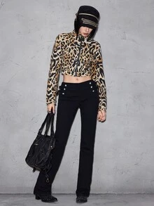 ROMWE Street Life Street Leopard Print Gradient Tie-Dye Slightly Elastic Printed Women's Denim Jacket And Coat - Brown - View 2