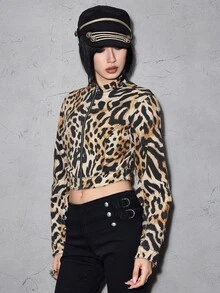 ROMWE Street Life Street Leopard Print Gradient Tie-Dye Slightly Elastic Printed Women's Denim Jacket And Coat - Brown - View 7