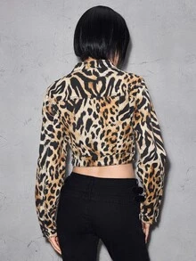 ROMWE Street Life Street Leopard Print Gradient Tie-Dye Slightly Elastic Printed Women's Denim Jacket And Coat - Brown - View 3