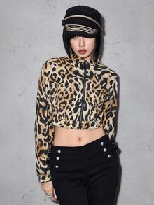 ROMWE Street Life Street Leopard Print Gradient Tie-Dye Slightly Elastic Printed Women's Denim Jacket And Coat - Brown - View 1