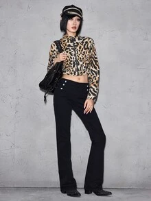 ROMWE Street Life Street Leopard Print Gradient Tie-Dye Slightly Elastic Printed Women's Denim Jacket And Coat - Brown - View 9