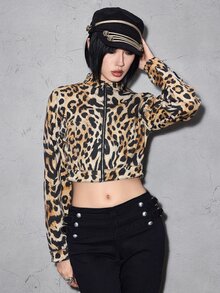 ROMWE Street Life Street Leopard Print Gradient Tie-Dye Slightly Elastic Printed Women's Denim Jacket And Coat - Brown - View 8