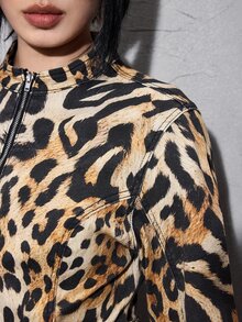 ROMWE Street Life Street Leopard Print Gradient Tie-Dye Slightly Elastic Printed Women's Denim Jacket And Coat - Brown - View 5