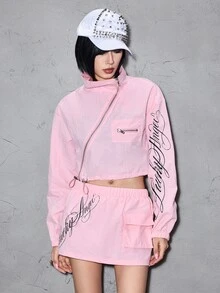 ROMWE Street Life Street Style Pink Nylon Outdoor Letter Print Cropped Jacket & Skirt Two Pieces Set For Women - Baby Pink - View 7