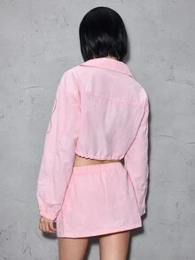 ROMWE Street Life Street Style Pink Nylon Outdoor Letter Print Cropped Jacket & Skirt Two Pieces Set For Women - Baby Pink - View 2