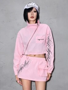 ROMWE Street Life Street Style Pink Nylon Outdoor Letter Print Cropped Jacket & Skirt Two Pieces Set For Women - Baby Pink - View 9