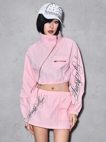 ROMWE Street Life Street Style Pink Nylon Outdoor Letter Print Cropped Jacket & Skirt Two Pieces Set For Women - Baby Pink - View 5