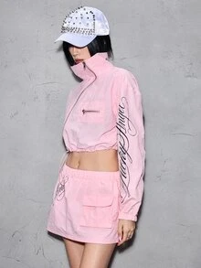 ROMWE Street Life Street Style Pink Nylon Outdoor Letter Print Cropped Jacket & Skirt Two Pieces Set For Women - Baby Pink - View 8