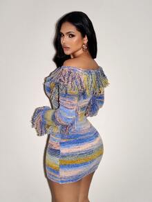 BamGleam Women's Sweater Dress Long Sleeves Multi-Color One-Shoulder Fringe Design Hem Slit Party Party Birthday Party Slimming Millennium Hot Girl Style Wom - Multicolor - View 2