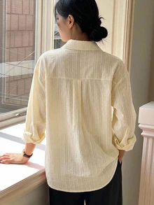 DAZY 女款素色落肩長袖單排扣休閒襯衫 秋季 - 黃色 - 查看 6