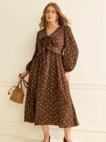 Écloséra Curve Plus Size European & American Casual Ditsy Floral Mid-Length Dress, Ruched Textured Fabric, V-Neck Tie Bow, Petal Sleeve, Loose Drape Dress Fall - Brown - View 6