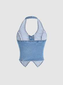 SHEIN EZwear Y2K Blue Elastic Cropped Backless Halter Denim Vest Top - Light Wash - View 2