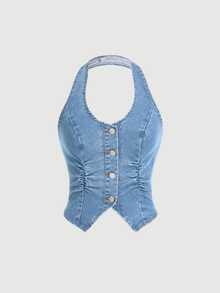 SHEIN EZwear Y2K Blue Elastic Cropped Backless Halter Denim Vest Top - Light Wash - View 3
