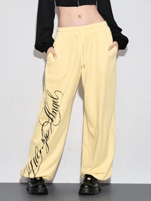 ROMWE Vintage Y2K Streetwear Versatile All-Match Casual Ultra Low Waist Loose Fit Women's Sweatpants - Pale Yellow - View 10