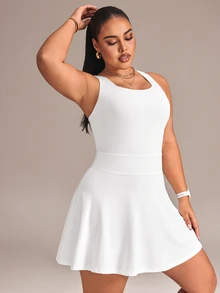 Rhythm Era Casual Versatile White Cross-Back Design Umbrella Skirt Hem Fitted Slimming Plus Size Sports Dress - White - View 4