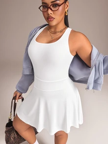 Rhythm Era Casual Versatile White Cross-Back Design Umbrella Skirt Hem Fitted Slimming Plus Size Sports Dress - White - View 3