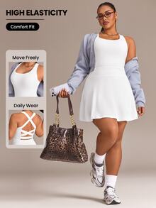 Rhythm Era Casual Versatile White Cross-Back Design Umbrella Skirt Hem Fitted Slimming Plus Size Sports Dress - White - View 1