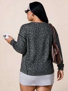SHEIN Rhythm Era Plus Size Women's Leopard Print Casual Daily Wear Sports T-Shirt Fall - Grey - View 2