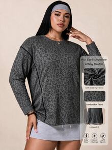 SHEIN Rhythm Era Plus Size Women's Leopard Print Casual Daily Wear Sports T-Shirt Fall - Grey - View 4