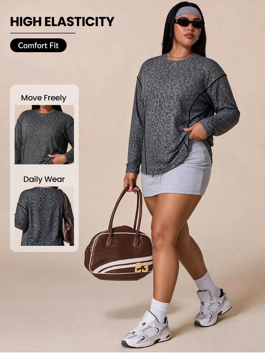 SHEIN Rhythm Era Kaos Olahraga Kasual Wanita Ukuran Besar Motif Leopard untuk Pakaian Sehari-hari di Musim Gugur - Grey - View 1