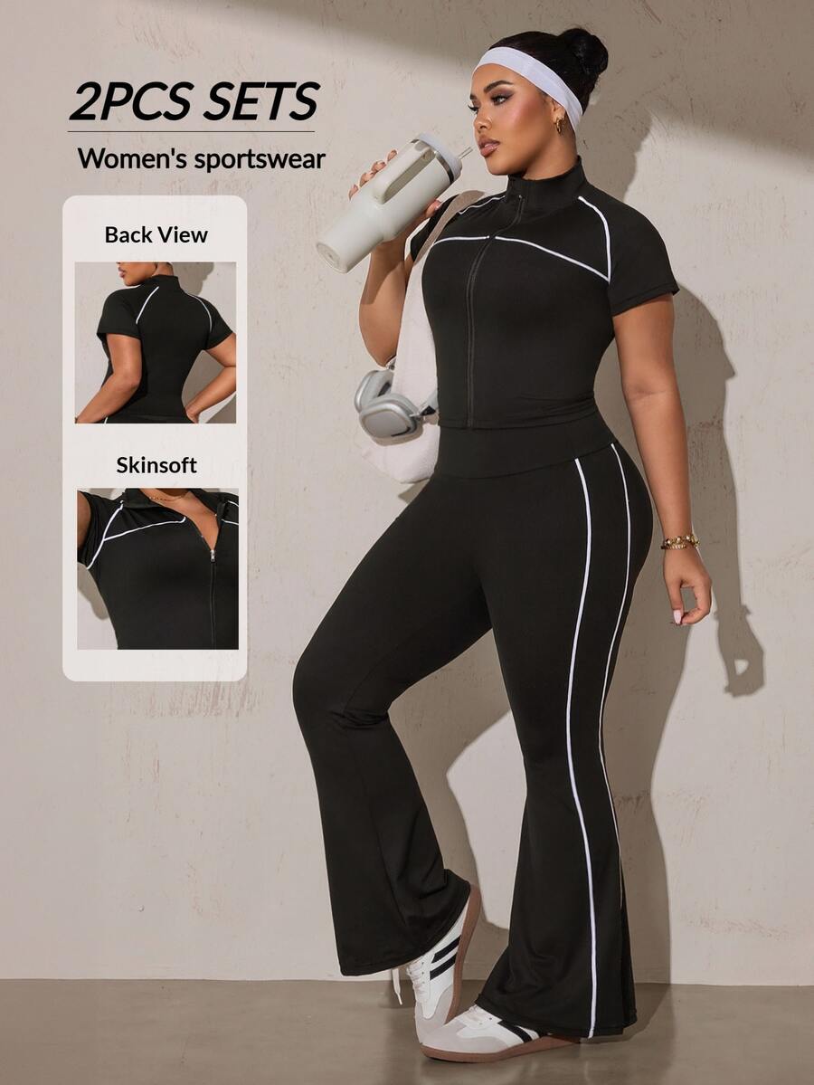 SHEIN Rhythm Era Women's Plus Size Zipper Front Short Sleeve T-Shirt And Flare Pants Sports Set