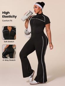SHEIN Rhythm Era Women's Plus Size Zipper Front Short Sleeve T-Shirt And Flare Pants Sports Set - Black - View 6