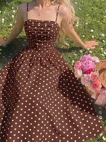 SHEIN MOD فستان ميدي فرنسي كلاسيكي عتيق بأشرطة سباغيتي مجعد بنقاط بيضاء وسوداء للعطلات والصيف - بني - مشاهدة 6