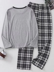2pcs/Set Boys Casual Basic Solid Color Round Neck White Black And White Plaid Long Sleeve Top SLEEP Print Autumn/Winter Pajamas Home Holiday - Grey - View 2