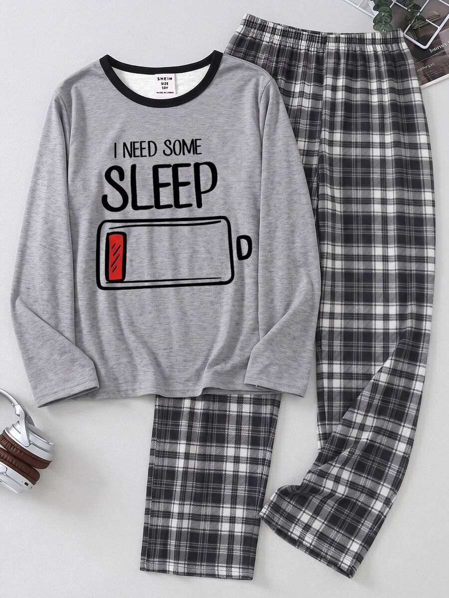 2pcs/Set Boys Casual Basic Solid Color Round Neck White Black And White Plaid Long Sleeve Top SLEEP Print Autumn/Winter Pajamas Home Holiday - Grey - View 1