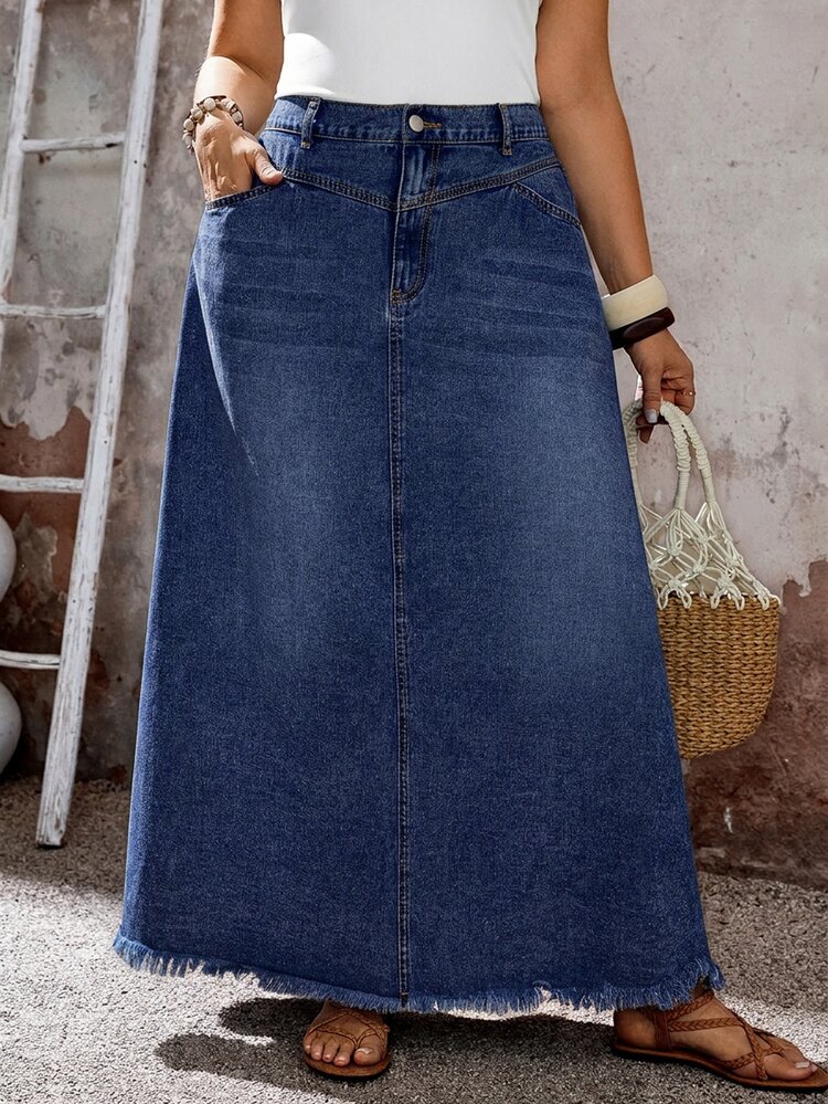 EMERY ROSE EMERY ROSE Plus Size Women's Fashion Versatile Frayed Hem Pocket Button Denim Mini Skirt - Dark Wash - View 6