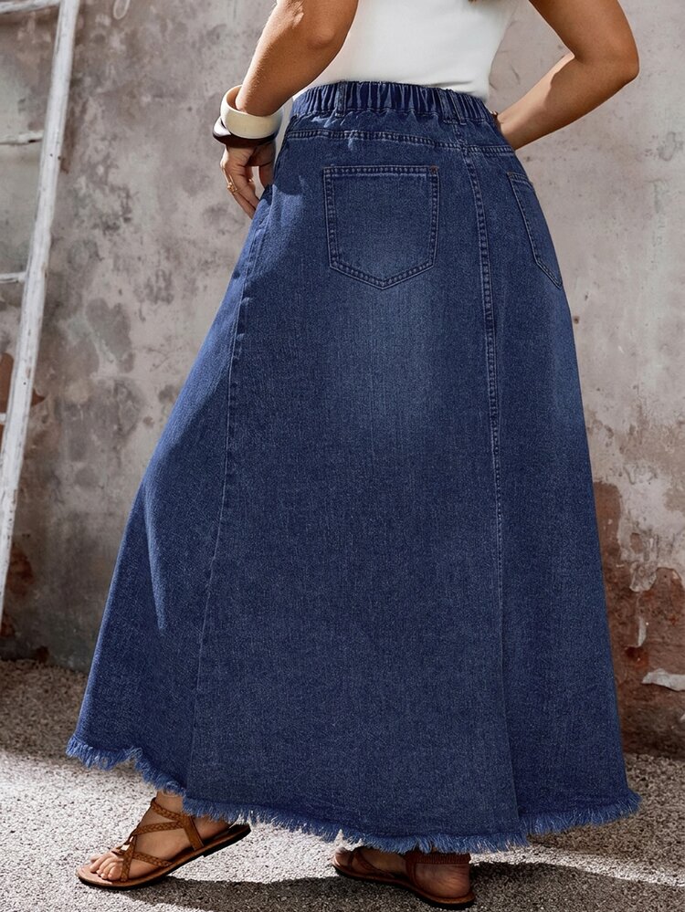 EMERY ROSE EMERY ROSE Plus Size Women's Fashion Versatile Frayed Hem Pocket Button Denim Mini Skirt - Dark Wash - View 3