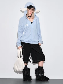 ROMWE Kawaii Y2K Retro Loose Casual Fuzzy Wing 3D Star Decor Women's Sweatshirt - Blue - View 9