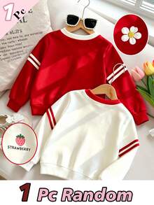 SHEIN Young Girls Fresh Fashion Floral Strawberry Red White Colorblock Pattern Basic Athletic Fairy Crew Neck Sweatshirt School 7th Birthday Autumn - Multicolor - View 2