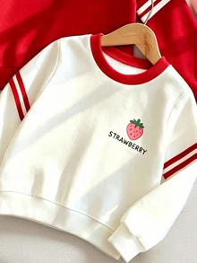 SHEIN Young Girls Fresh Fashion Floral Strawberry Red White Colorblock Pattern Basic Athletic Fairy Crew Neck Sweatshirt School 7th Birthday Autumn - Multicolor - View 4