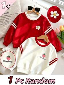 SHEIN Young Girls Fresh Fashion Floral Strawberry Red White Colorblock Pattern Basic Athletic Fairy Crew Neck Sweatshirt School 7th Birthday Autumn - Multicolor - View 1
