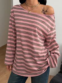 Coolane 女款秋冬保暖休閒街頭風 Y2K 不對稱露肩粉色條紋寬鬆長袖 T-shirt - 咖啡棕 - 查看 4