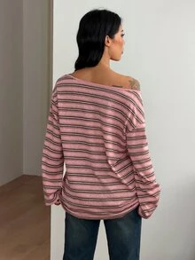 Coolane 女款秋冬保暖休閒街頭風 Y2K 不對稱露肩粉色條紋寬鬆長袖 T-shirt - 咖啡棕 - 查看 6