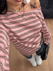 Coolane 女款秋冬保暖休閒街頭風 Y2K 不對稱露肩粉色條紋寬鬆長袖 T-shirt - 咖啡棕 - 查看 2
