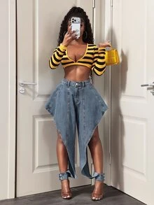 Slaydiva Women's Sexy Design Button Cut Denim Jeans,Fall/Winter,New Year Look - Dark Wash - View 5